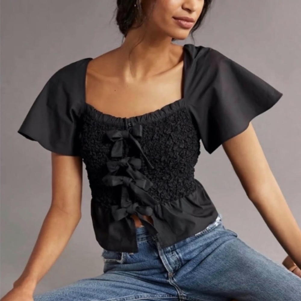 Mare Mare x Anthropologie Smocked Bow Tie Blouse